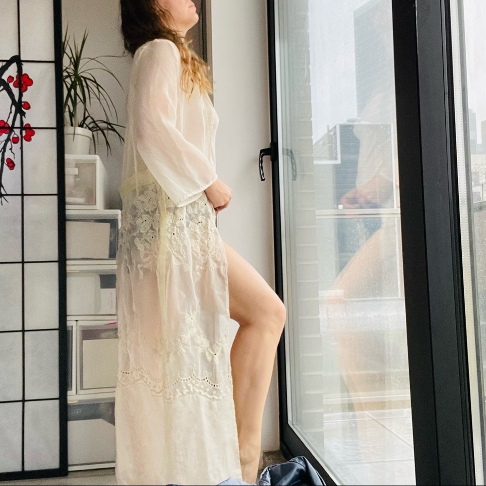 McClintock Floral Organza Transparent Bell Sleeve Belted Embroidered Long Duster